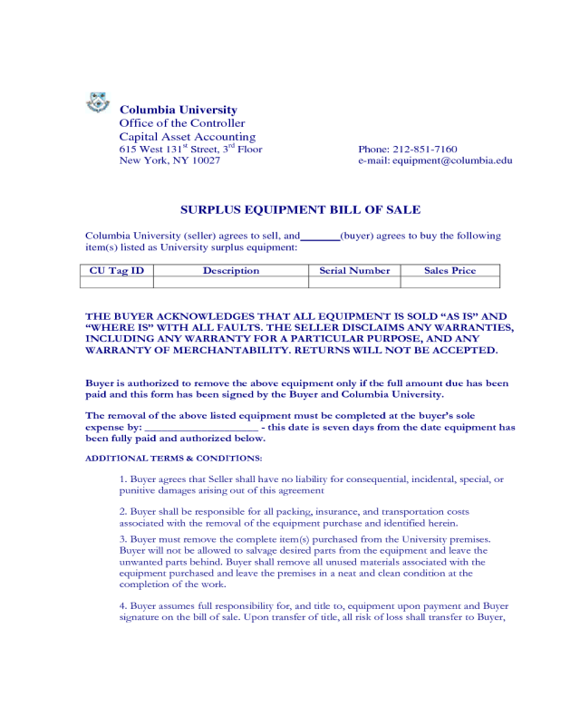 Equipment Bill of Sale Form - Columbia University