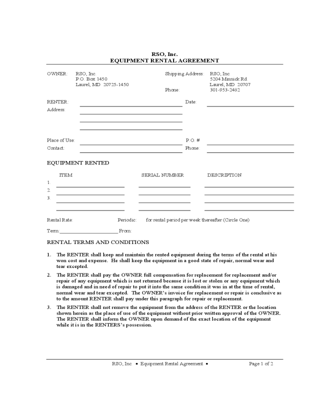 Equipment Rental and Lease Sample Form