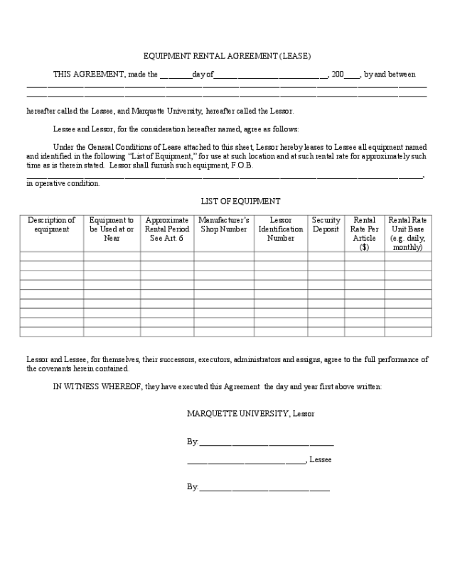 Equipment Rental and Lease Template