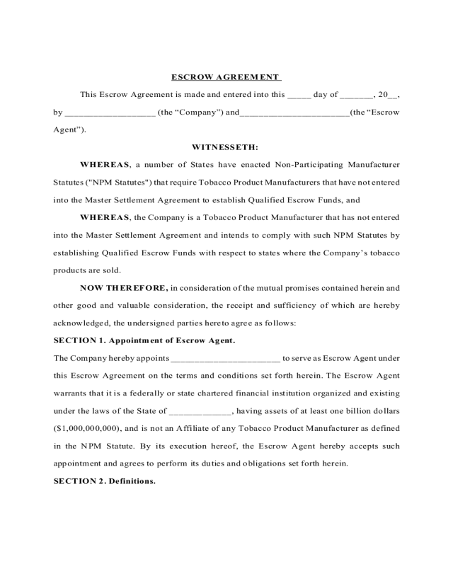 Escrow Agreement Form - Maryland