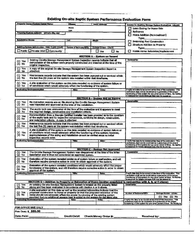 Existing On-site Septic System Performance Evaluation Form