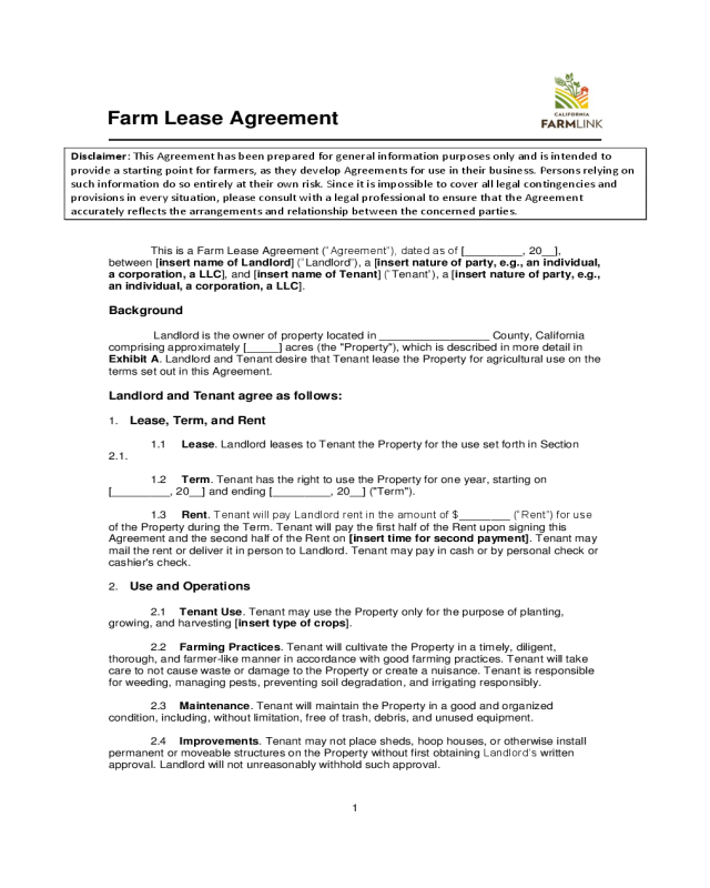 Farmland Rental and Lease Form - California