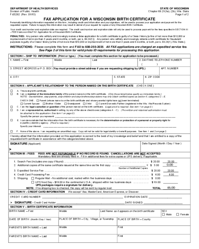 Fax Birth Certificate Application - Wisconsin