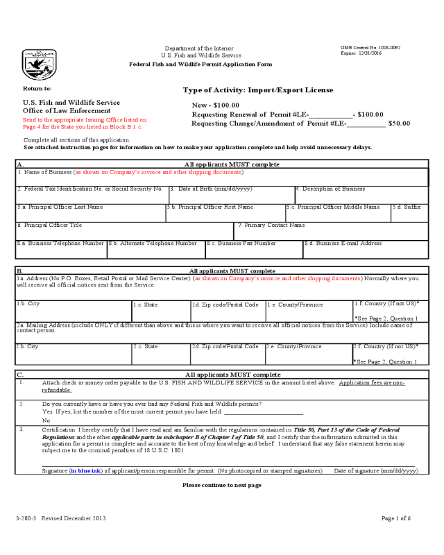 Federal Fish and Wildlife Permit Application Form