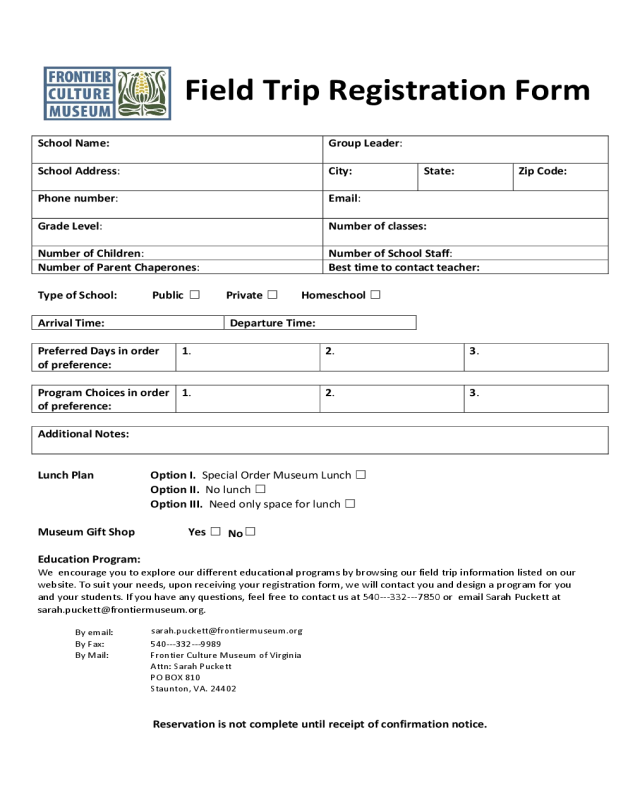 Field Trip Registration Form - Virginia