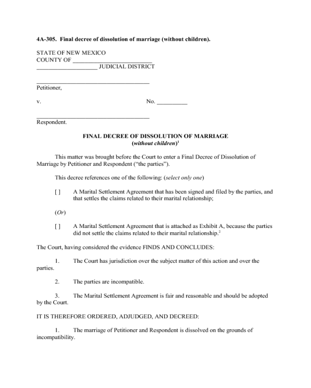 Final Decree of Dissolution of Marriage Without Children - New Mexico