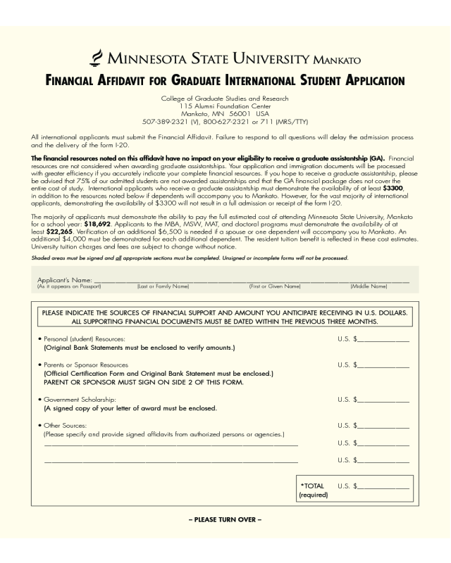 Financial Affidavit for Graduate International Student Application - Minnesota