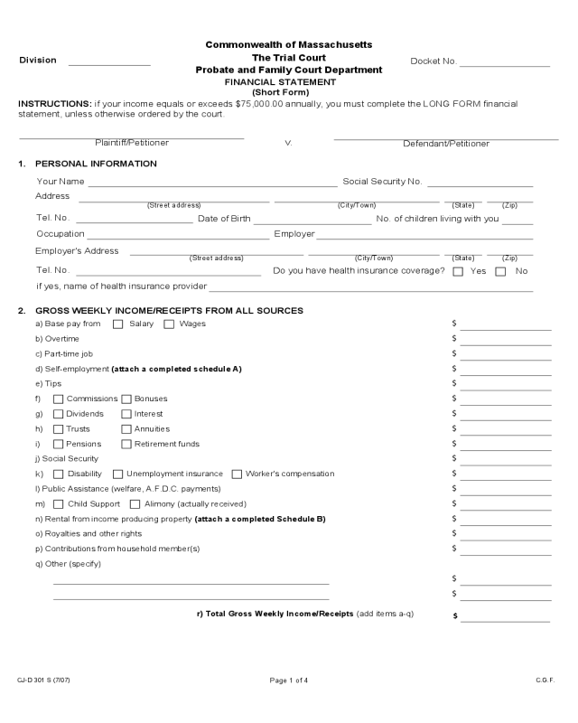 Financial Statement (Short Form) - Massachusetts