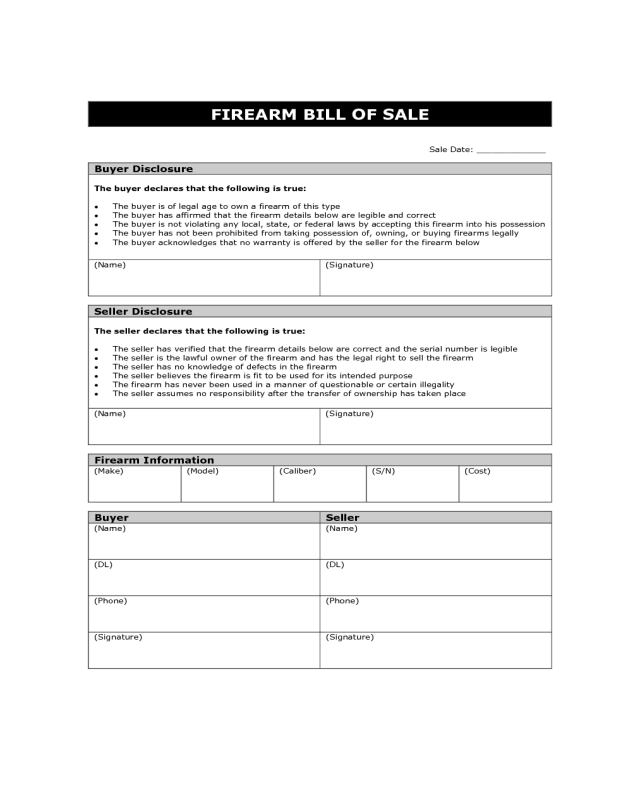 Firearm Bill of Sale Form Sample