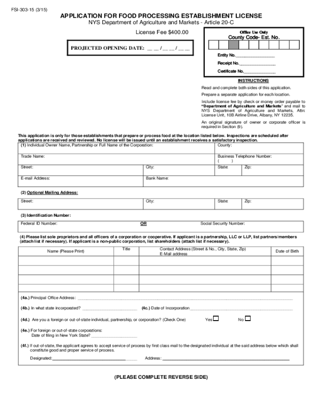 Food Licence Application Form - New York