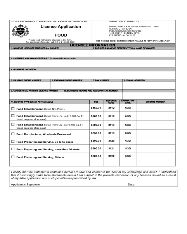 Food Licence Application Form - Pennsylvania