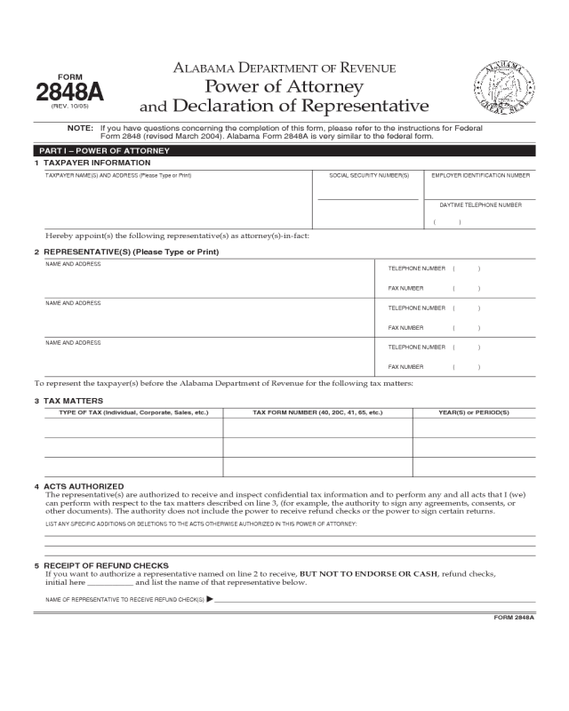 Form 2484 - Alabama Power of Attorney and Declaration of Representative