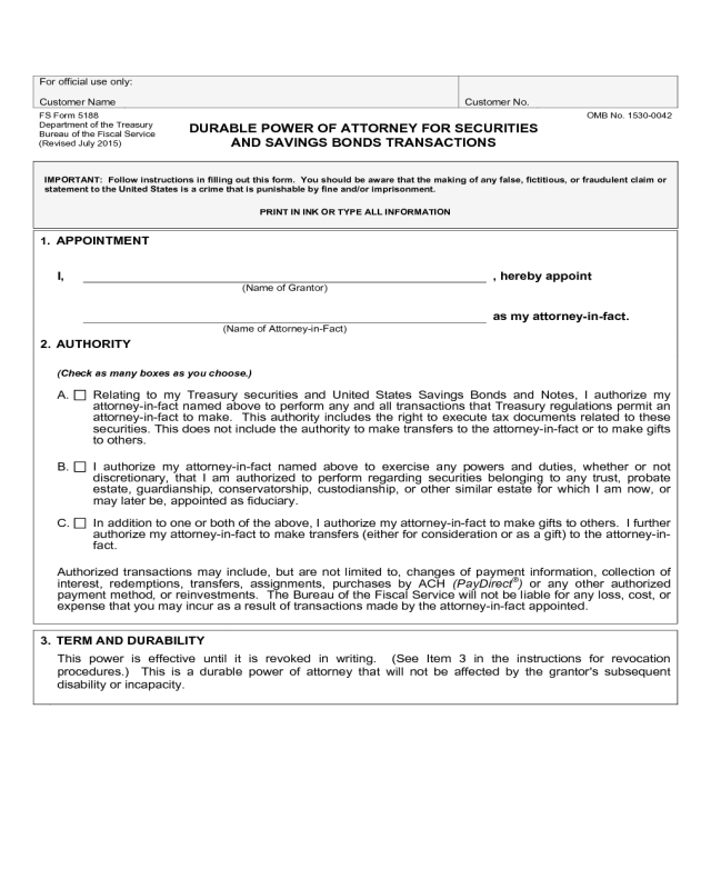 Form 5188 - Durable Power of Attorney for Securities and Savings Bonds Transactions