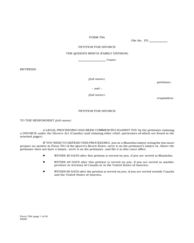 Form 70A - Petition for Divorce - Manitoba
