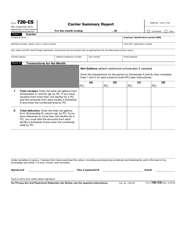 Form 720-CS - Carrier Summary Report (2010)