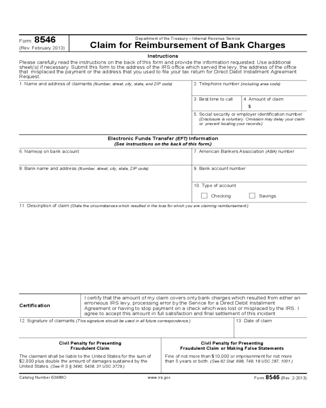 Form 8546 - Claim for Reimbursement of Bank Charges (2013)