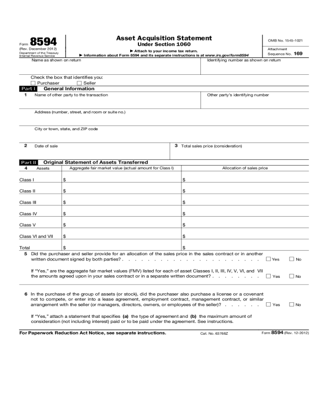 Form 8594 - Asset Acquisition Statement Under Section 1060 (2012)