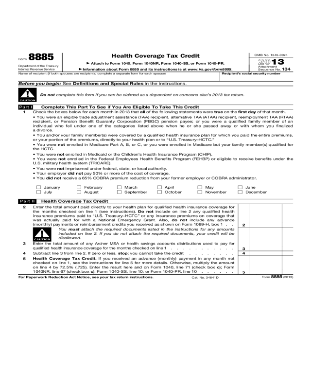 Form 8885 - Health Coverage Tax Credit (2013)