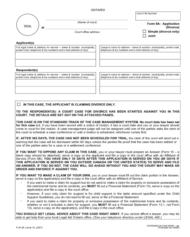 Form 8A - Application for Divorce Form - Ontario