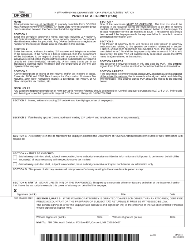Form DP-2848 Power of Attorney - New Hampshire