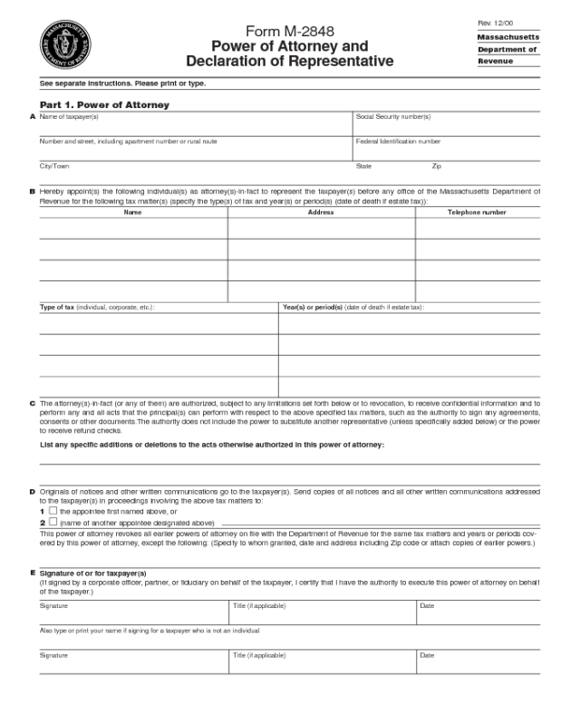 Form M-2848 Power of Attorney - Massachusetts