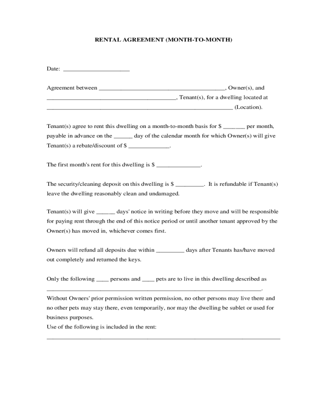 Form of Month To Month Rental Agreement - Edit, Fill, Sign Online ...