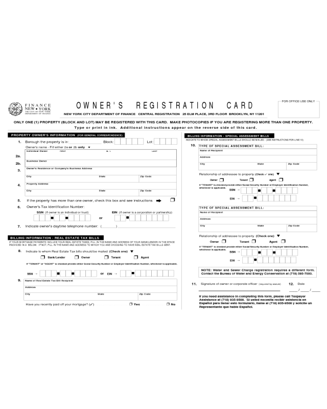 Form of Owner's Registration Card