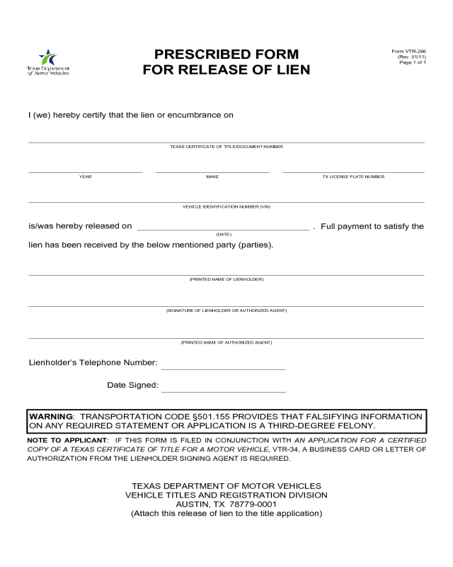 Form VTR-266 - Prescribed Form for Release of Lien - Texas