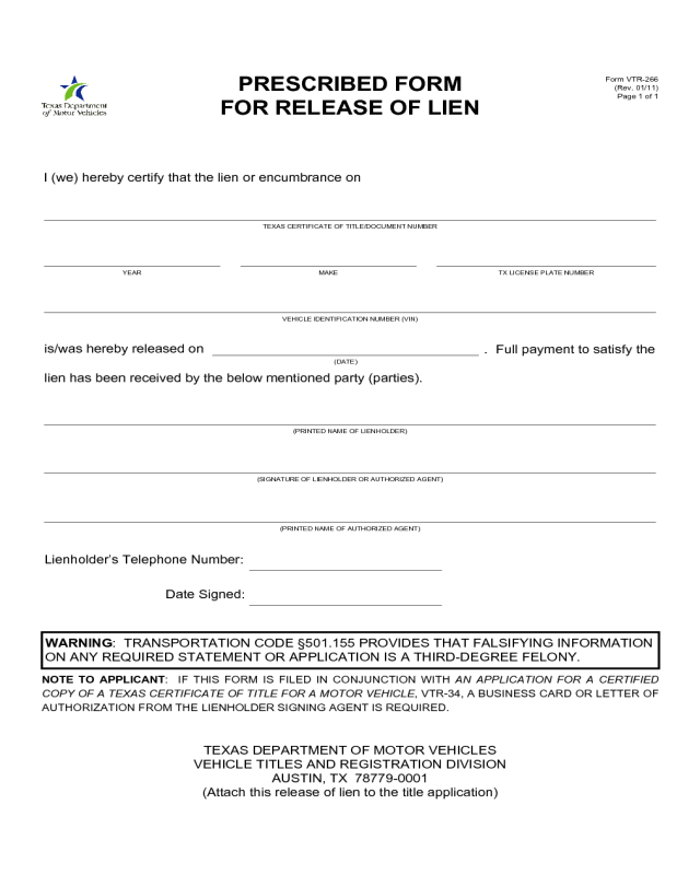 2021 Lien Release Form Fillable Printable Pdf And Forms Free Download 1223