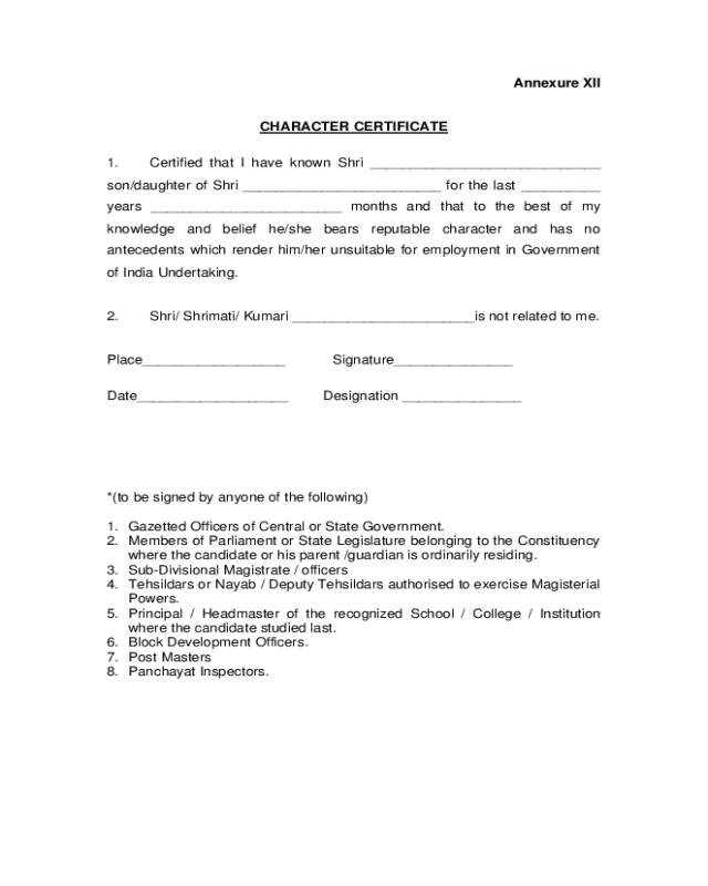 Format of Character Certificate