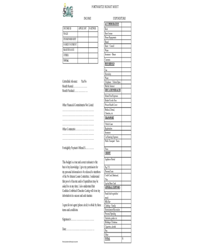 Fortnightly Budget Sheet