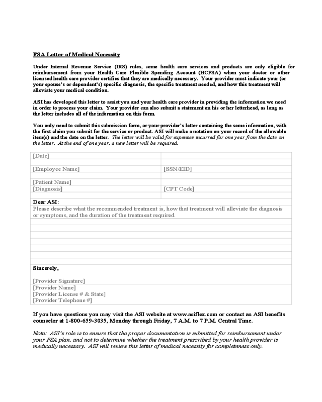 FSA Letter of Medical Necessity Form