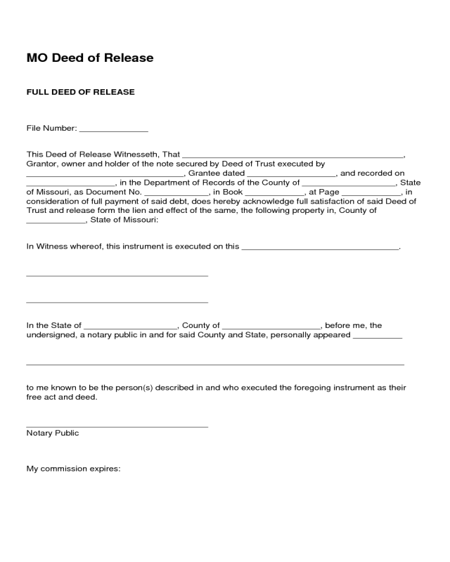 Full Deed of Release Form