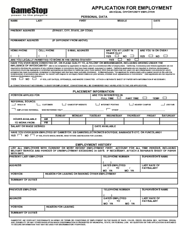 GameStop Application Form