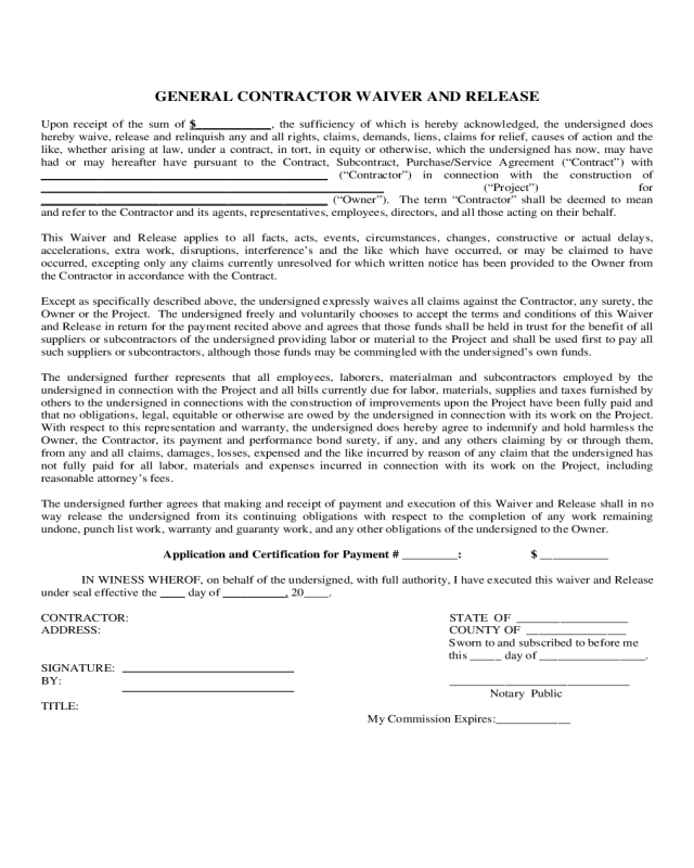 General Contractor Waiver and Release Form
