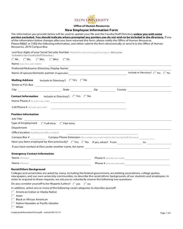 General Employee Information Form - Carolina