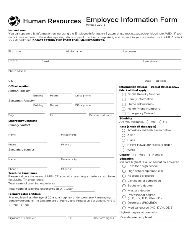 General Employee Information Form - Texas