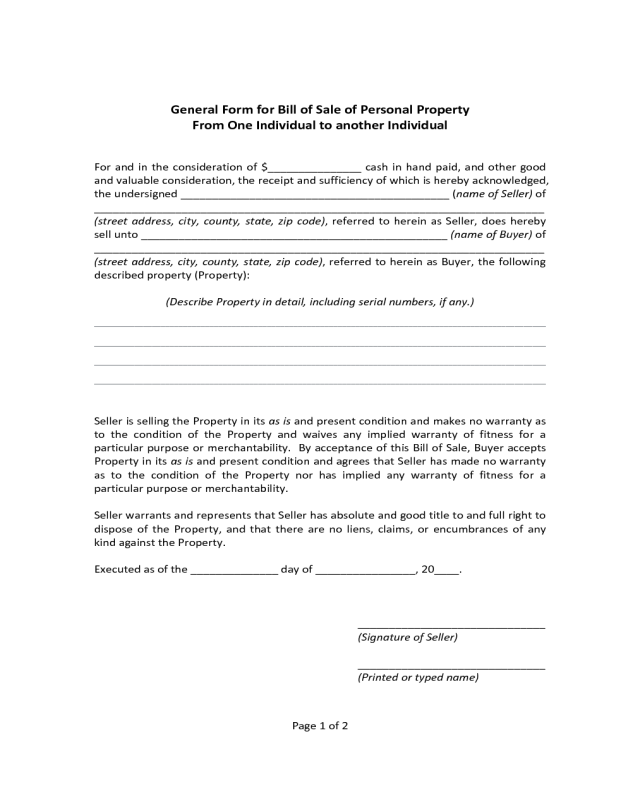 General Form for Bill of Sale of Personal Property - Massachusetts
