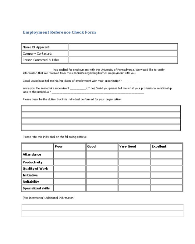 Generic Employee Reference Check Form
