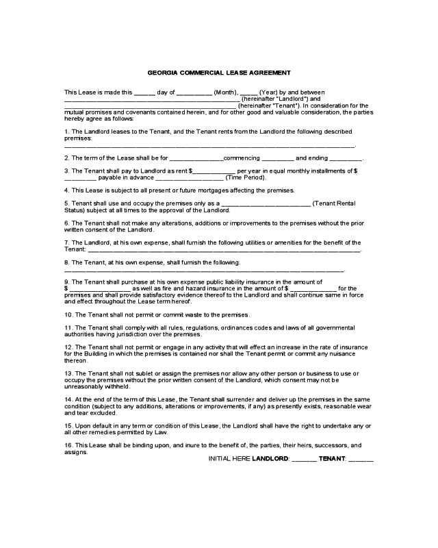 Georgia Commercial Lease Agreement Form