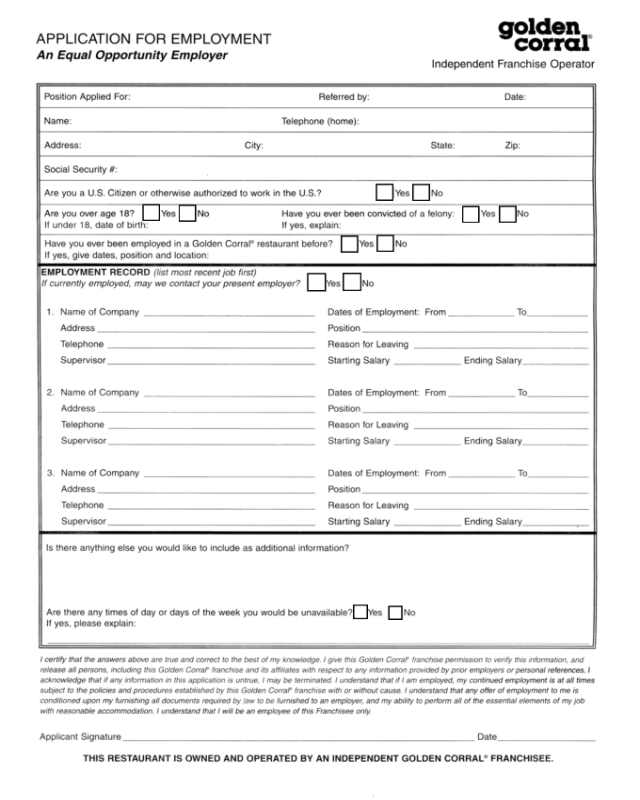 Golden Corral Application Form
