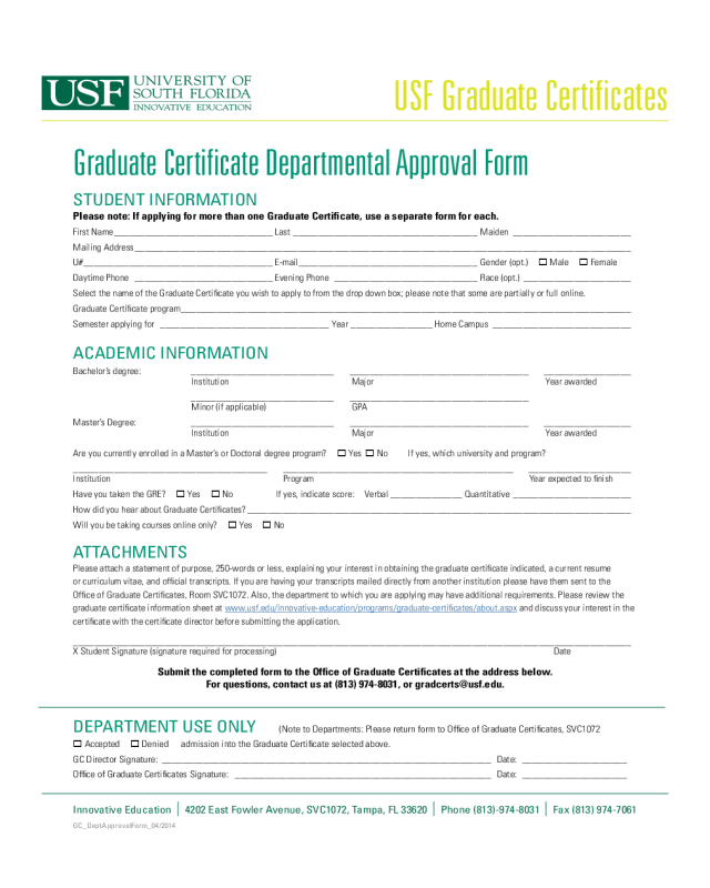 Graduate Certificate Departmental Approval Form - Florida