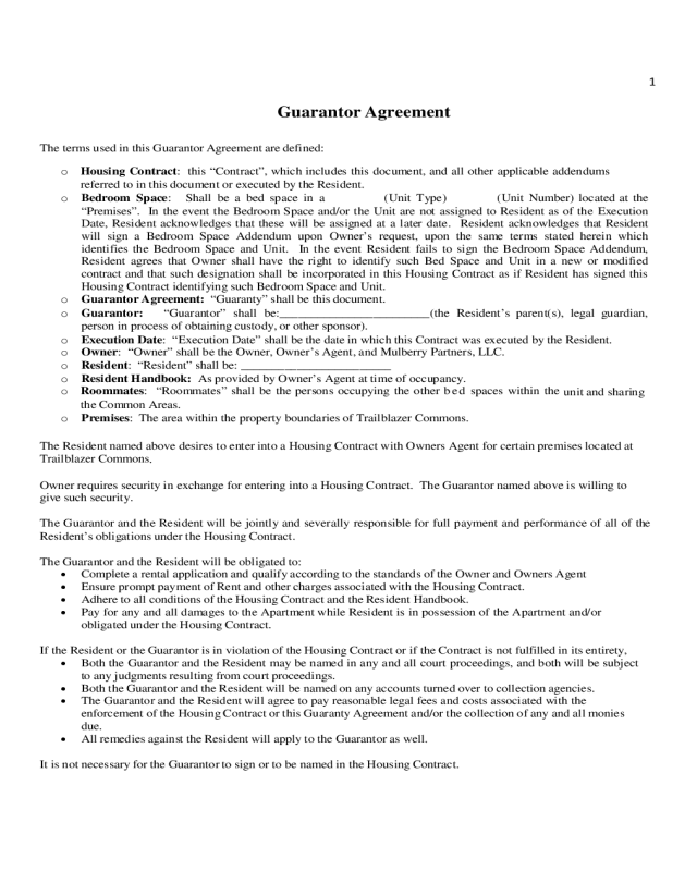 Guarantor Agreement - Trailblazer Commons