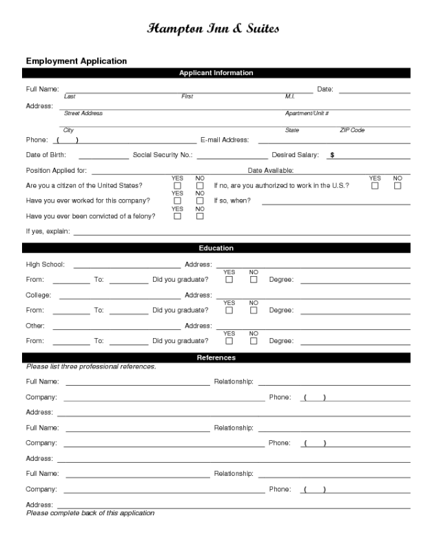 Hampton Inn Application Form