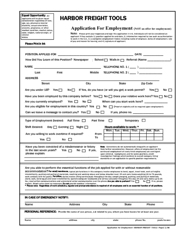 Harbor Freight Application Form