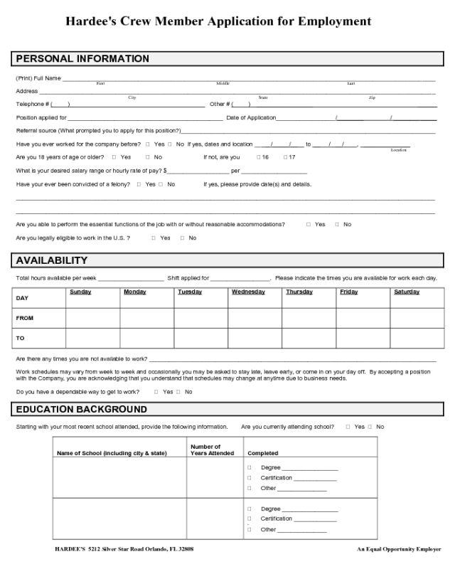 Hardee's Application Form