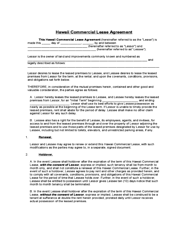 Hawaii Commercial Lease Agreement Template