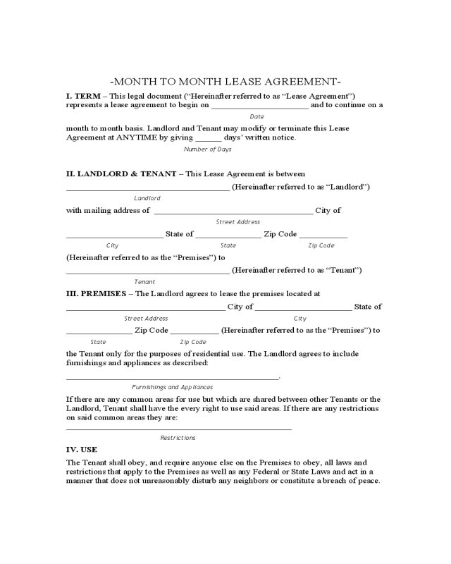 Hawaii Month to Month Lease Agreement