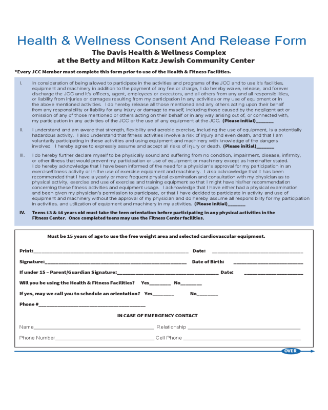Health and Wellness Consent and Release Form