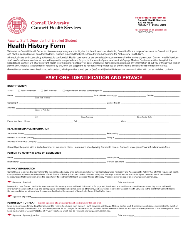 Health History Form - Cornell University